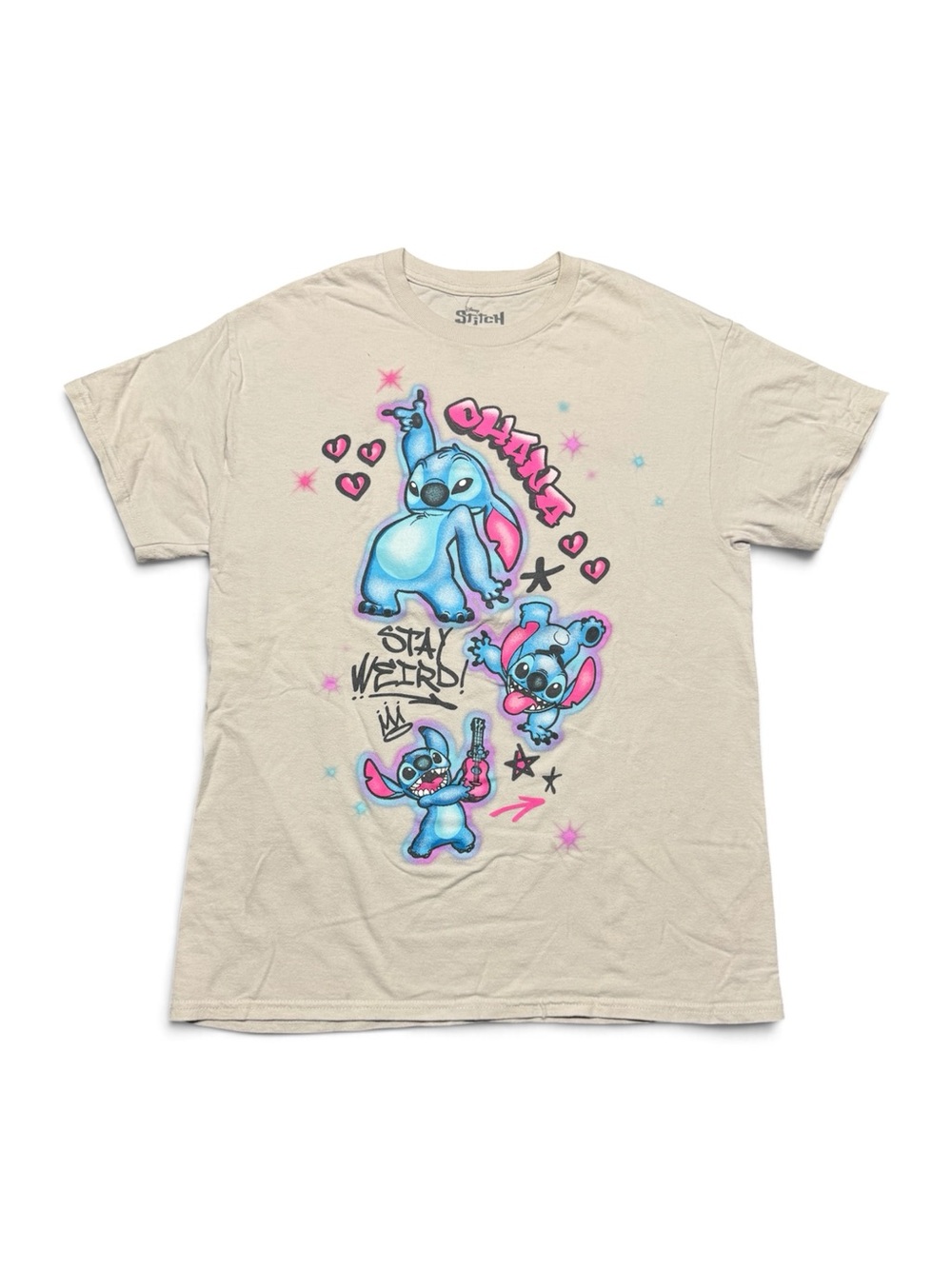 Disney Stitch Women’s Medium Beige “Ohana Stay Weird” Graphic T-Shirt